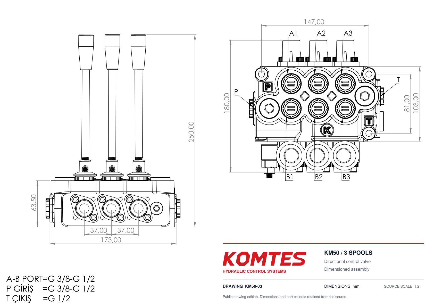KM50 3-spool dimensioned engineering drawing, dimensions in millimetres