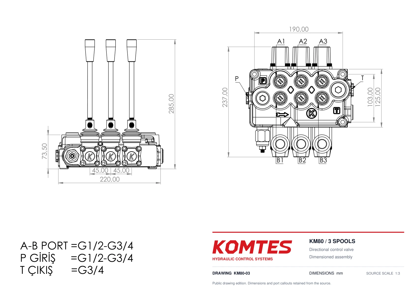 KM80 three-spool drawing with dimensions and port labels
