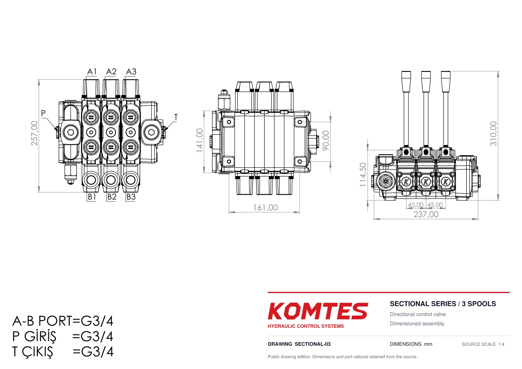 Sectional series 3-spool dimensioned engineering drawing, dimensions in millimetres